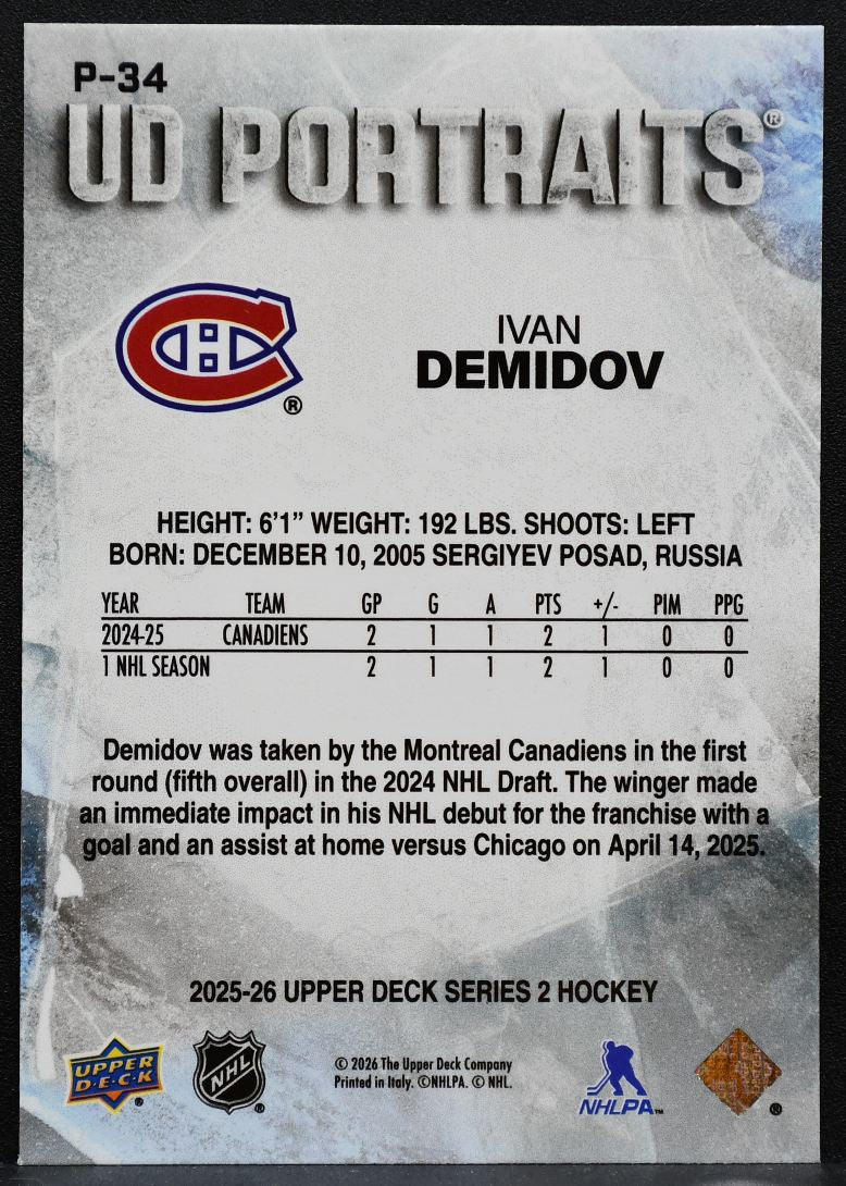 2025-26 Upper Deck Series 2 UD Portraits Ivan Demidov P-34 Canadiens RC 2027