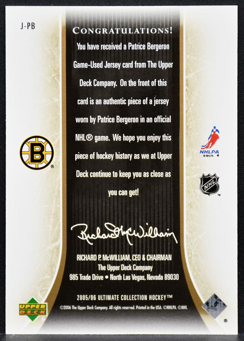 2005-06 UD Ultimate Collection Jerseys Bergeron Boston Bruins /250 Jersey 3705