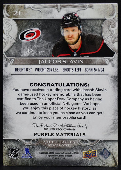 2024-25 UD Artifacts Jaccob Slavin 21 Carolina Hurricanes 13/25 Patch