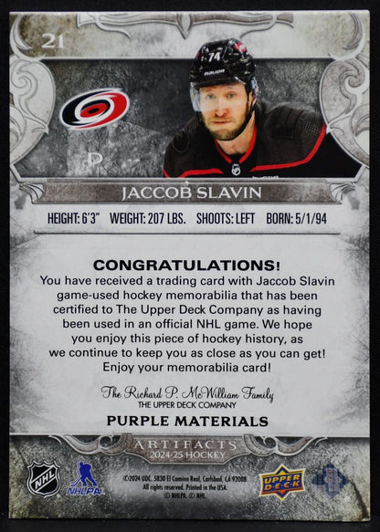 2024-25 UD Artifacts Jaccob Slavin 21 Carolina Hurricanes 13/25 Patch