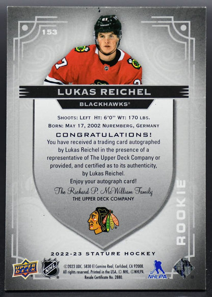 2022-23 UD Stature Autographs Lukas Reichel Chicago Blackhawks RC Auto /199
