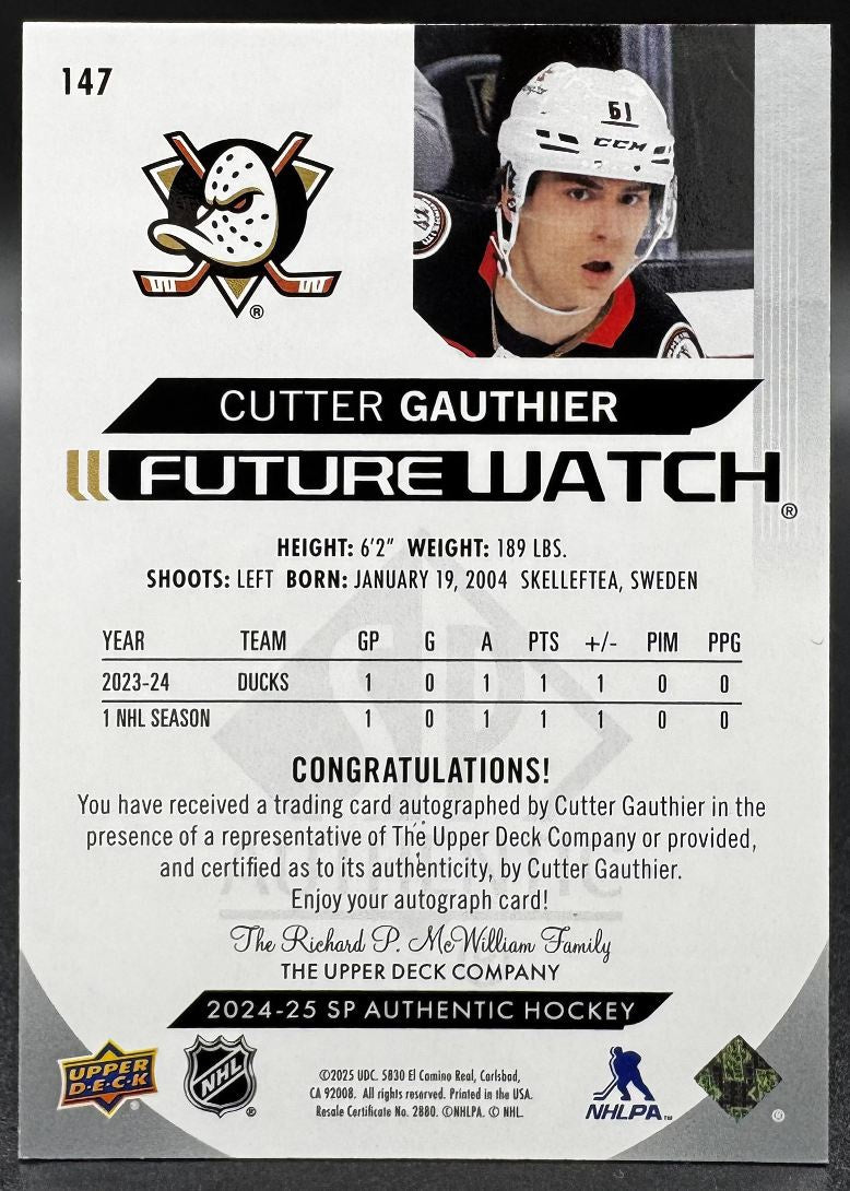 2024-25 UD SP Authentic Cutter Gauthier 147 Anaheim Ducks RC AUTO 078/999