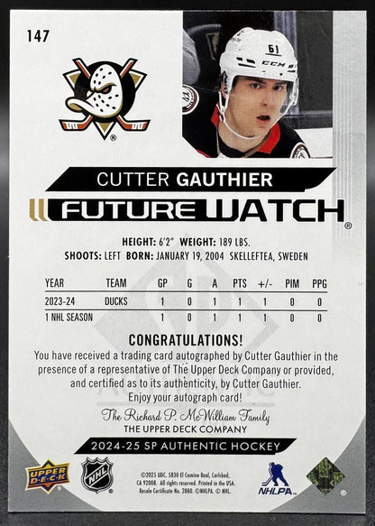 2024-25 UD SP Authentic Cutter Gauthier 147 Anaheim Ducks RC AUTO 078/999