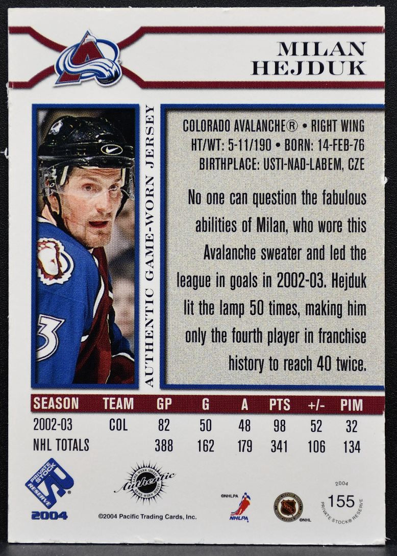 2004-05 Pacific Private Stock Jersey Milan Hejduk 0920/1000 Jersey 0004