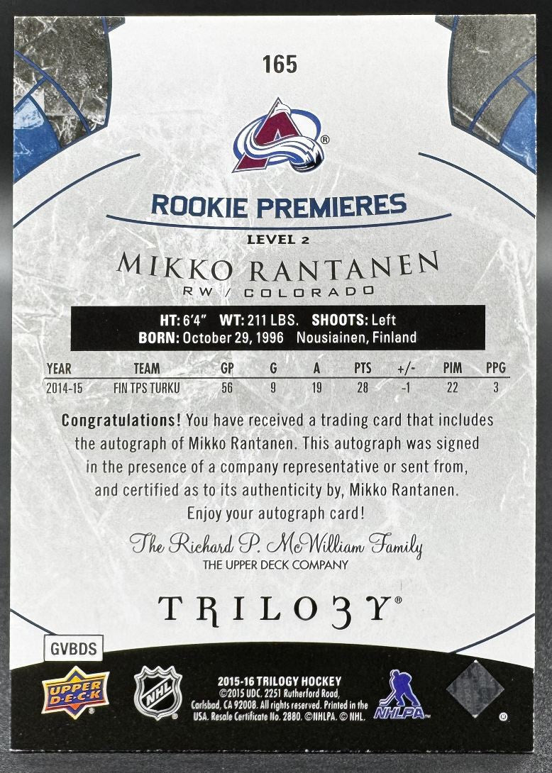 2015-16 UD Trilogy Rookie Premieres Level 2 Mikko Rantanen RC Auto /199