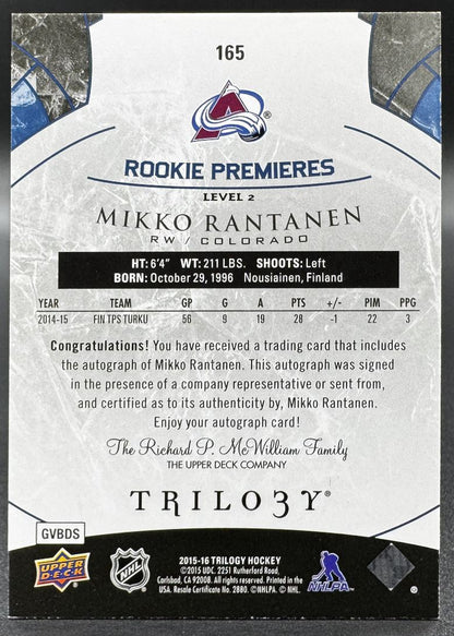 2015-16 UD Trilogy Rookie Premieres Level 2 Mikko Rantanen RC Auto /199