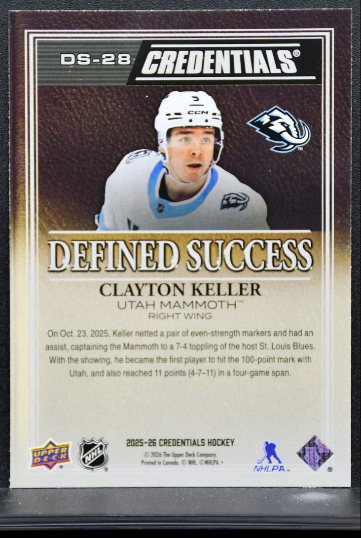 2025-26 Upper Deck Credentials Defined Success Clayton Keller Utah Mammoth 8761