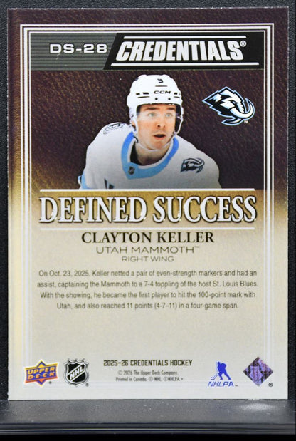 2025-26 Upper Deck Credentials Defined Success Clayton Keller Utah Mammoth 8761