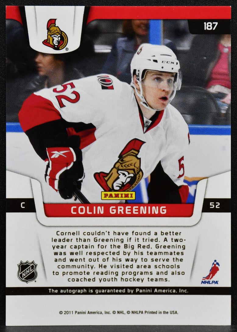 2011-12 Panini Certified Freshman RC Colin Greening 187 Senators RC Auto 7471