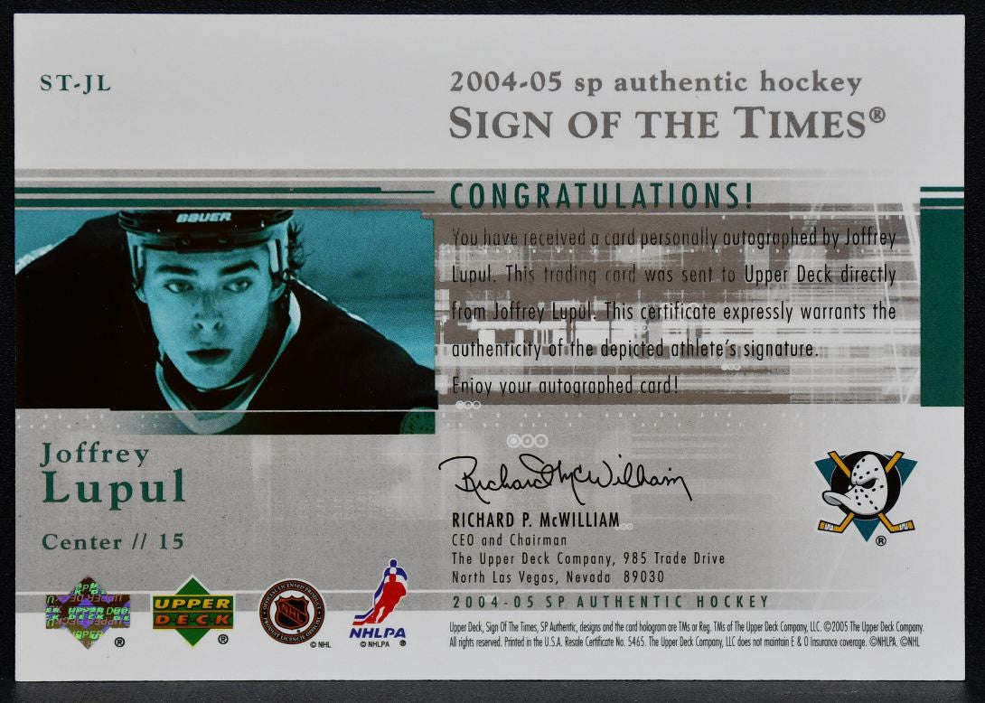 2004-05 SP Authentic Sign of the Times Joffrey Lupul ST-JL Ducks Auto 1615