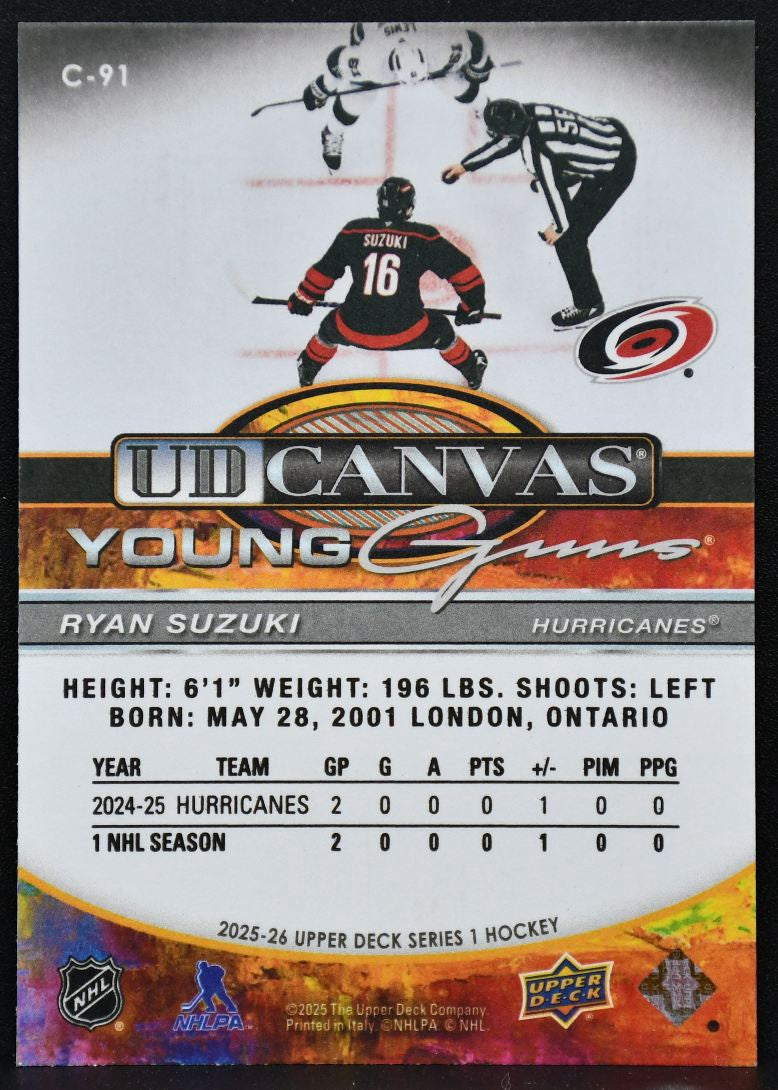 2025-26 UD Series 1 UD Canvas Young Guns Ryan Suzuki C-91 Carolina Hurricanes RC 6712