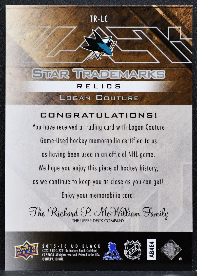 2015-16 Upper Deck Black Star Trademarks Logan Couture TR-LC Sharks Jersey 5470