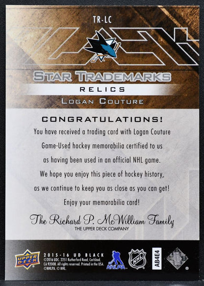 2015-16 Upper Deck Black Star Trademarks Logan Couture TR-LC Sharks Jersey 5470