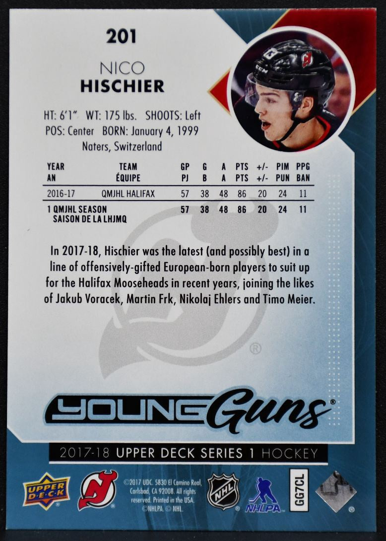 2017-18 Upper Deck Series 1 Young Guns Nico Hischier 201 New Jersey Devils RC 5869