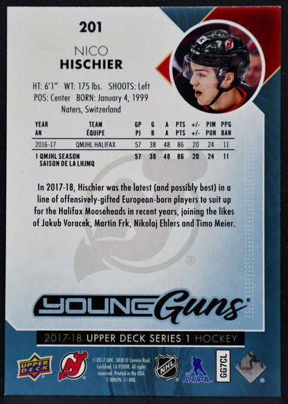 2017-18 Upper Deck Series 1 Young Guns Nico Hischier 201 New Jersey Devils RC 5869