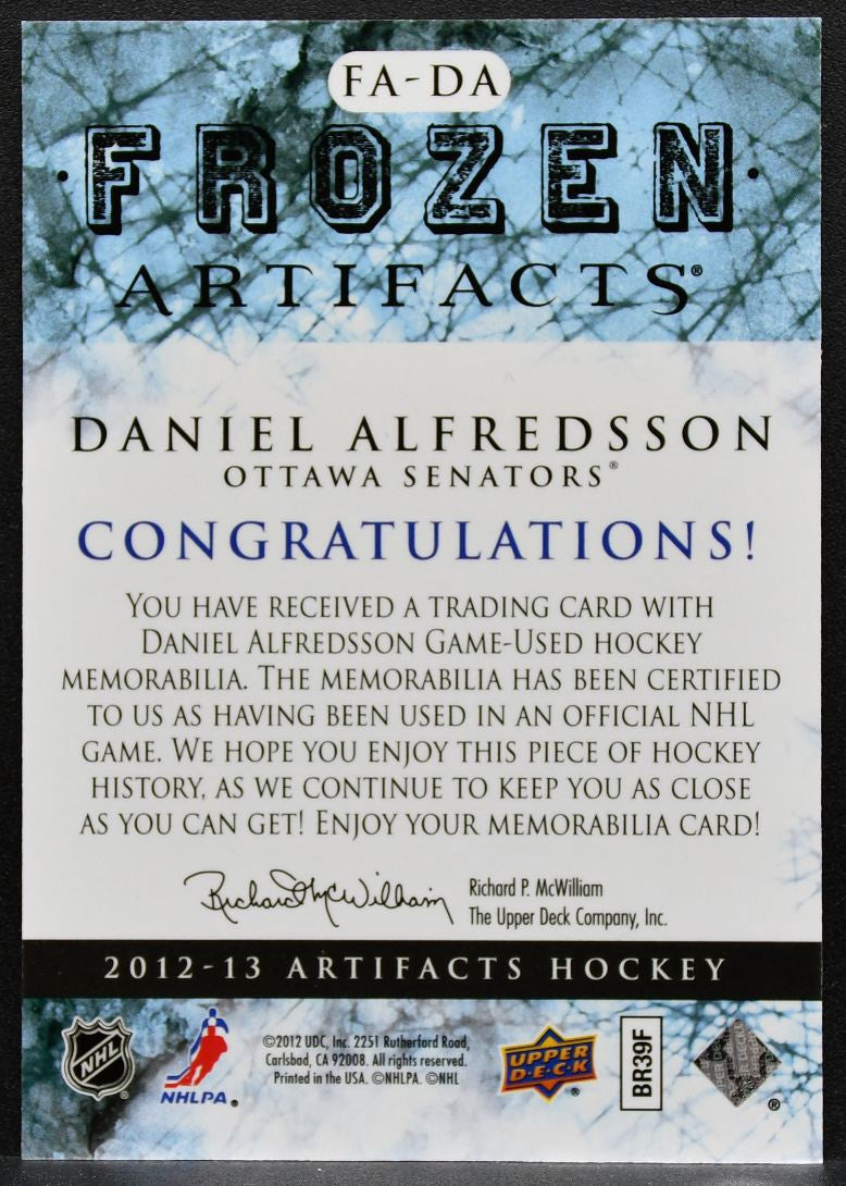 2012-13 UD Artifacts Frozen Jerseys Blue Daniel Alfredsson Senators Jersey 2471