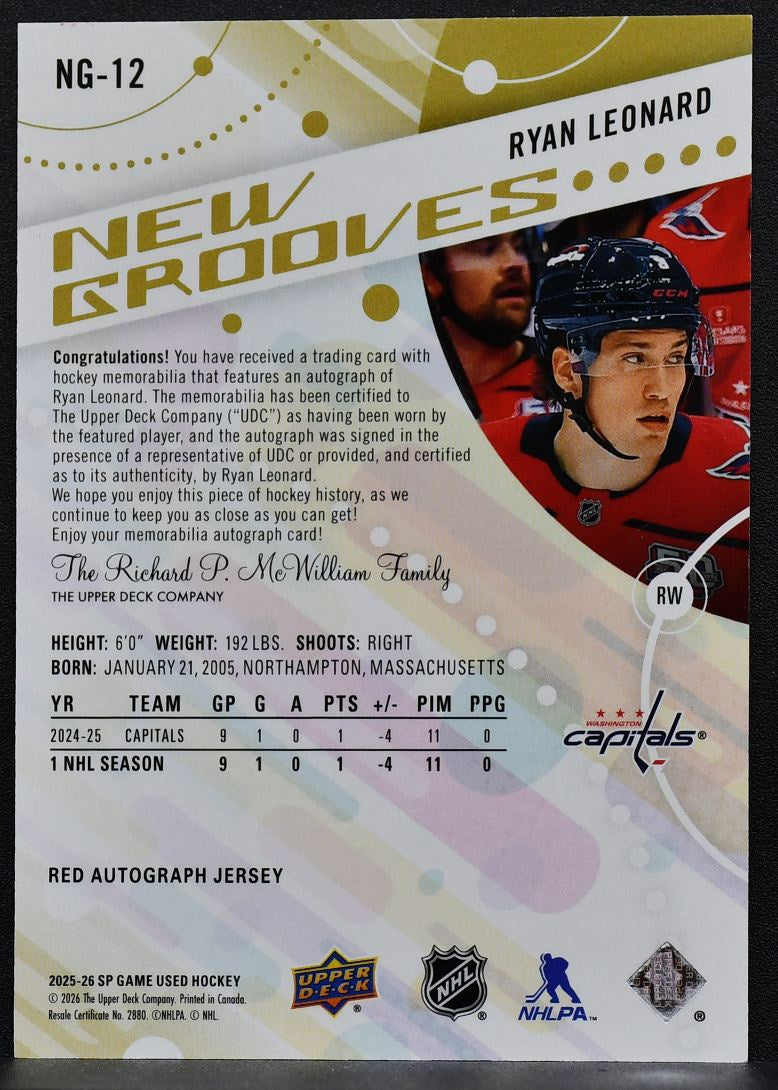 2025-26 SP Game Used New Grooves Red Auto Jersey Ryan Leonard Auto 06/25 7039