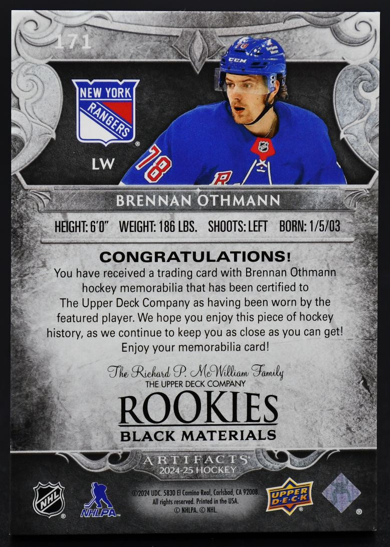 2024-25 UD Artifacts Rookies Black Materials Brennan Othmann 171 RC 2/5 Patch