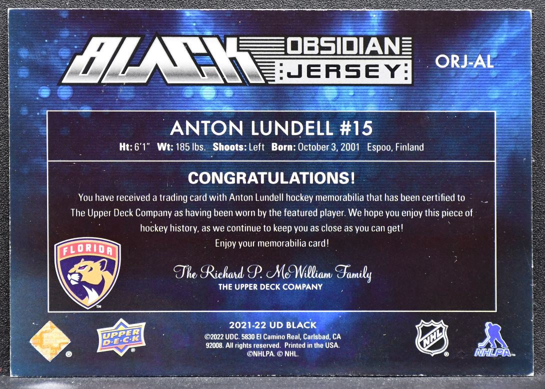 2021-22 SPx UD Black Obsidian Rookies Anton Lundell Panthers RC Jersey 6330