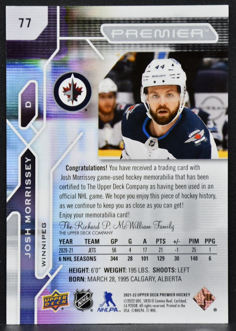 2021-22 Upper Deck Premier Jersey Josh Morrissey 77 Winnipeg Jets Jersey 2677