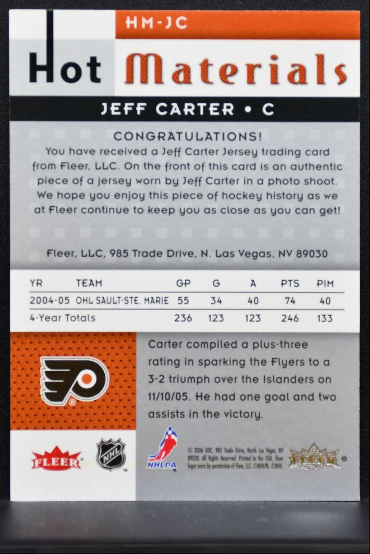 2005-06 Upper Deck Hot Prospects Materials Jeff Carter HM-JC Flyers Jersey 2448