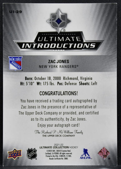 2021-22 UD Ultimate Collection Introductions Auto Zac Jones Rangers RC Auto 9134