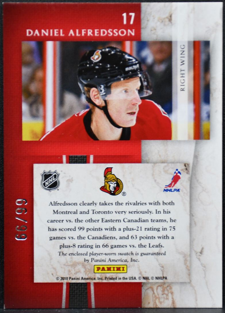 2010-11 Panini Limited Materials Daniel Alfredsson 17 Senators 66/99 Jersey 2249