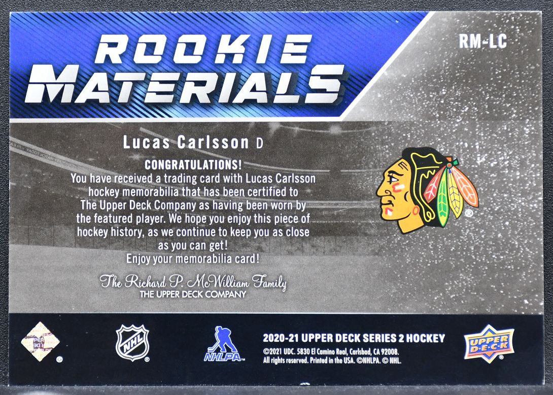 2020-21 UD RC Materials Jersey Lucas Carlsson RM-LC Chicago Blackhawks RC Jersey 7765