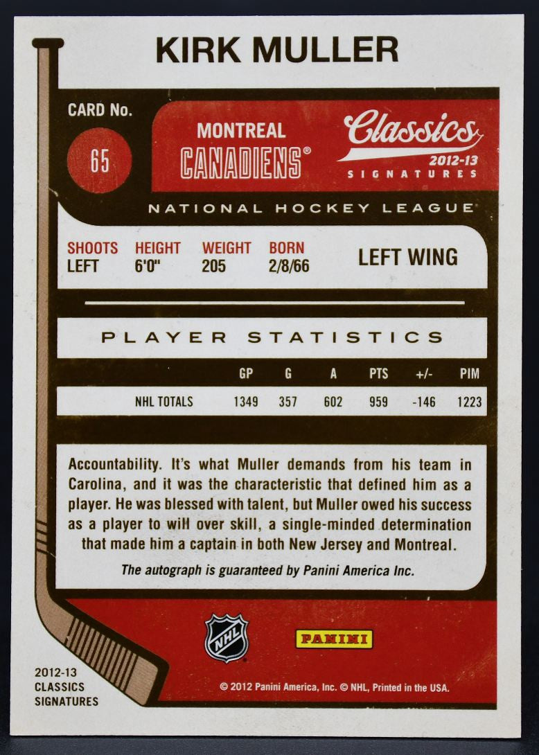 2012-13 Panini Classics Signatures Kirk Muller 65 Auto
