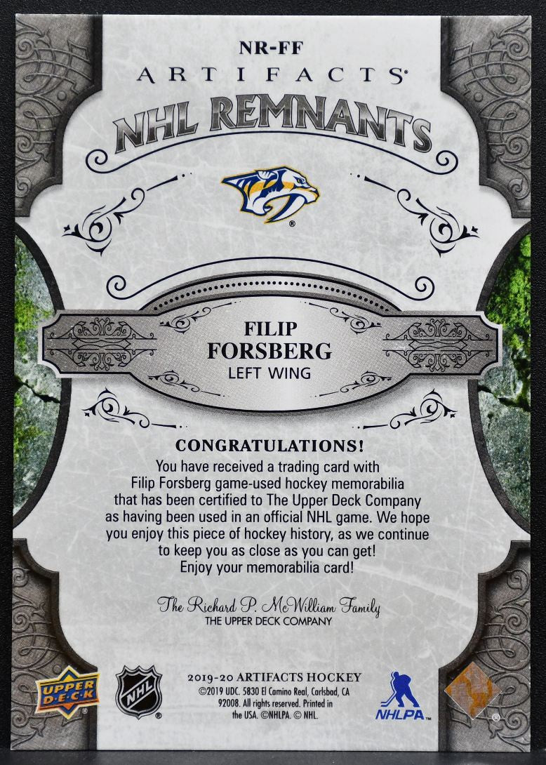 2019-20 Upper Deck Artifacts NHL Remnants Filip Forsberg Predators Jersey 7998