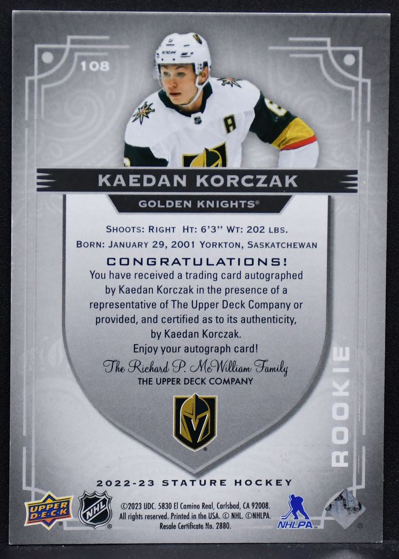2022-23 UD Stature Rookie Auto Kaedan Korczak 108 RC Auto 089/199