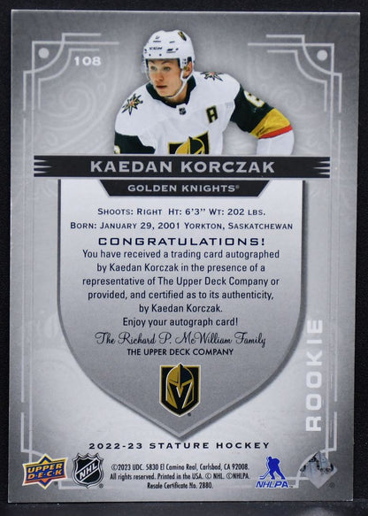 2022-23 UD Stature Rookie Auto Kaedan Korczak 108 RC Auto 089/199