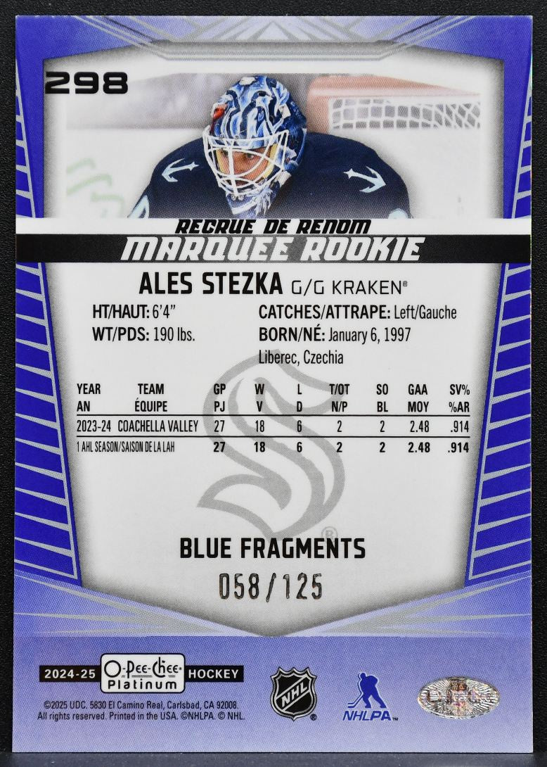 2024-25 OPC Platinum Marquee Rookie Blue Fragments Ales Stezka Kraken RC 1389