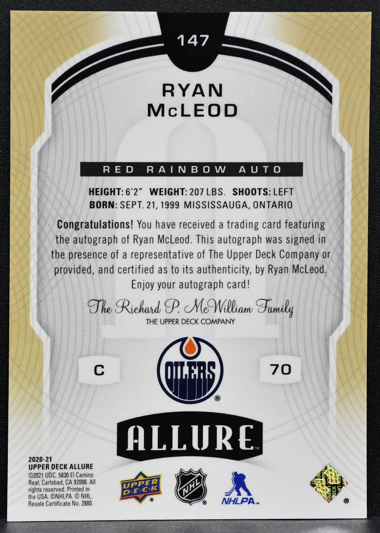 2020-21 UD Allure Red Rainbow Rookie Autographs Ryan McLeod Oilers RC Auto 7535