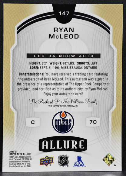 2020-21 UD Allure Red Rainbow Rookie Autographs Ryan McLeod Oilers RC Auto 7535