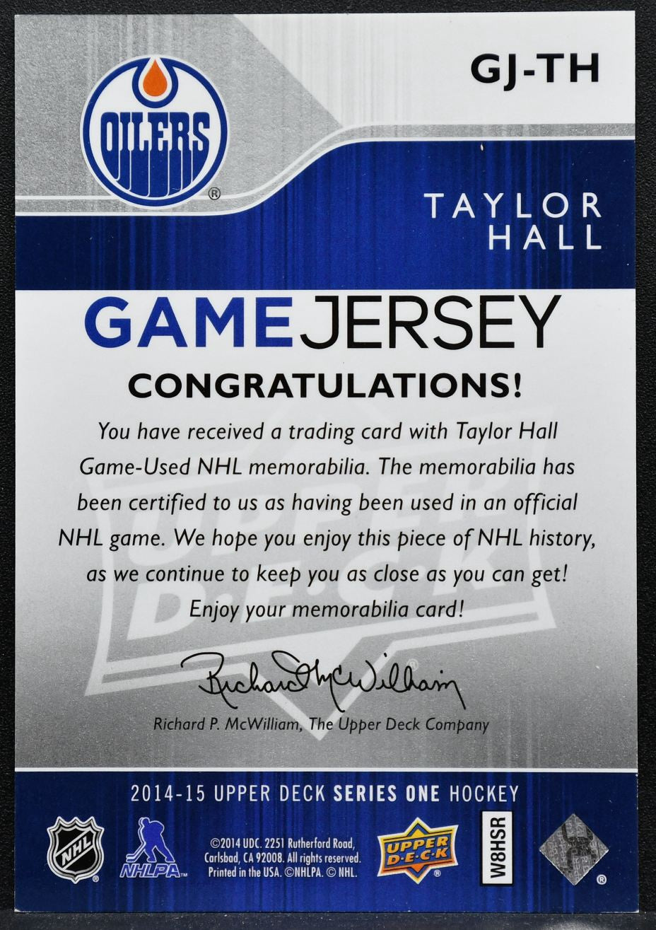 2014-15 Upper Deck Series 1 Game Jerseys Taylor Hall GJ-TH Oilers Jersey 3499