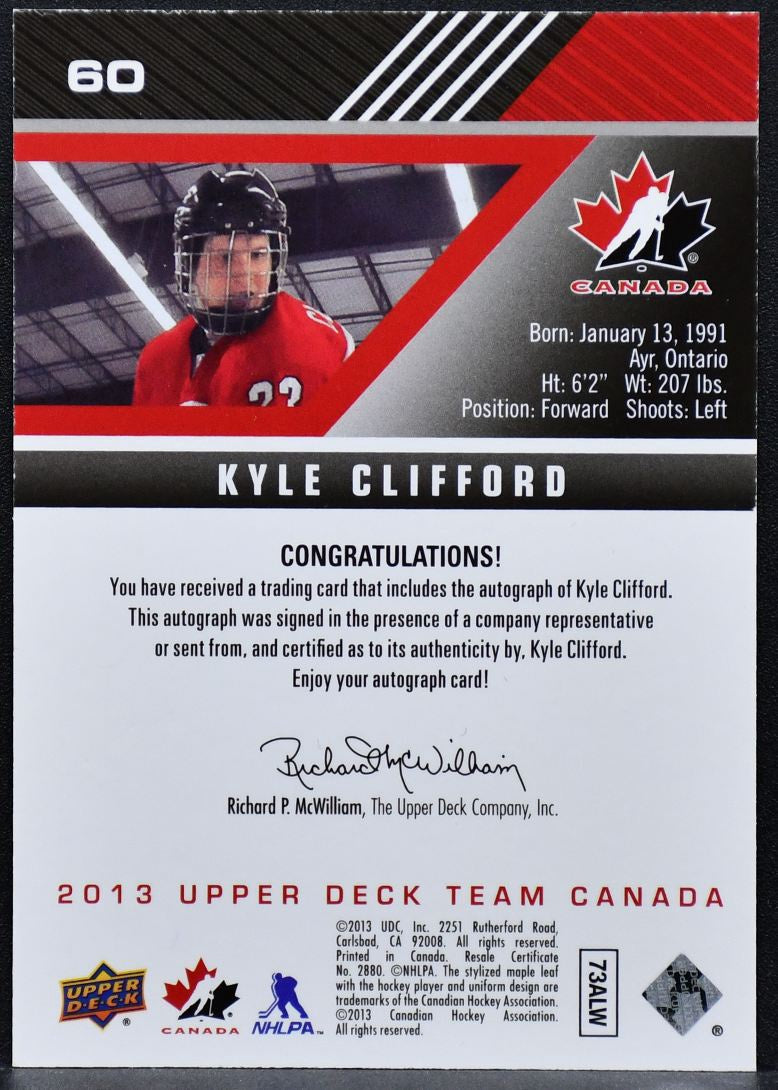 2013-14 UD Team Canada Gold Signatures Kyle Clifford 60 Team Canada Auto