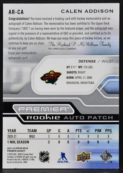 21-22 UD Premier Acetate RC Auto Patch Calen Addison AR-CA Wild RC /249 5082
