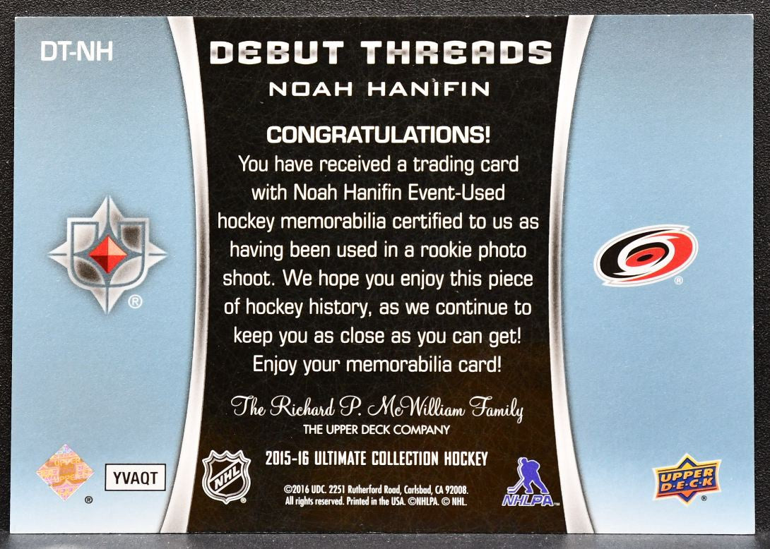 2015-16 UD Ultimate Collection Debut Threads Noah Hanifin 123/149 Jersey 1397