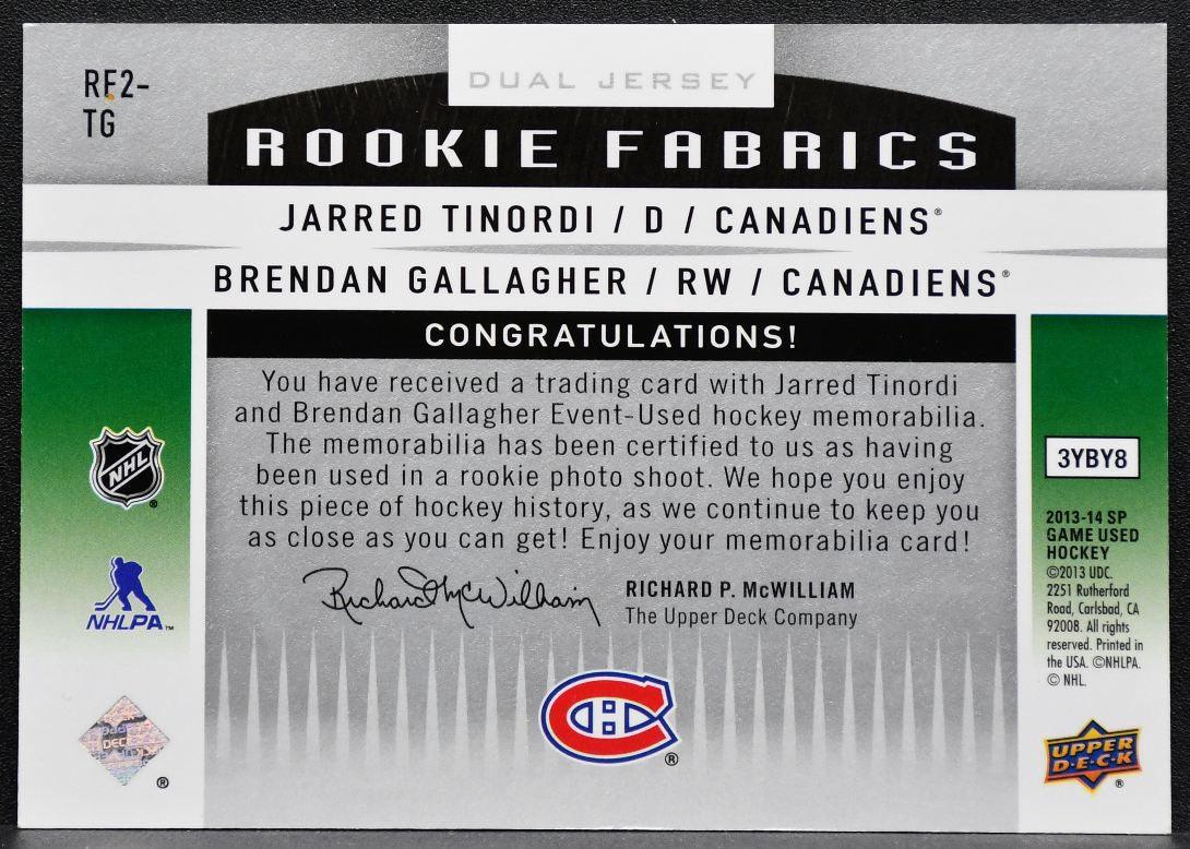 2013-14 SP Game Used Rookie Fabrics Dual Tinordi/Gallagher RC Jersey 8412