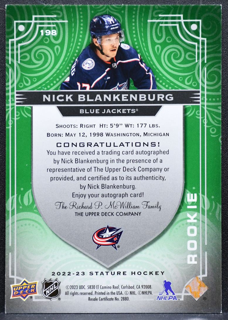 2022-23 UD Stature Rookie Autographs Green Blankenburg RC Auto 03/20 9015
