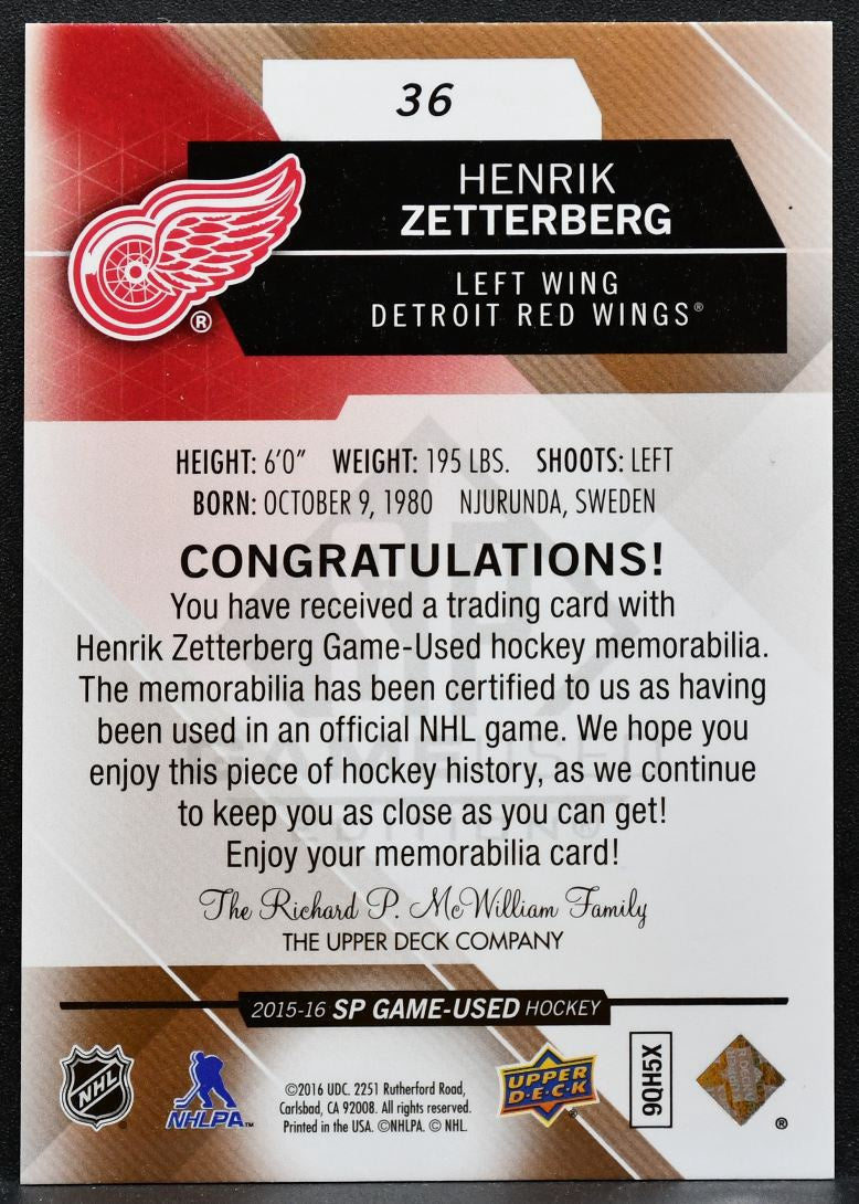 2015-16 SP Game Used Jersey Henrik Zetterberg 36 Detroit Red Wings Jersey 0840