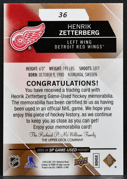 2015-16 SP Game Used Jersey Henrik Zetterberg 36 Detroit Red Wings Jersey 0840