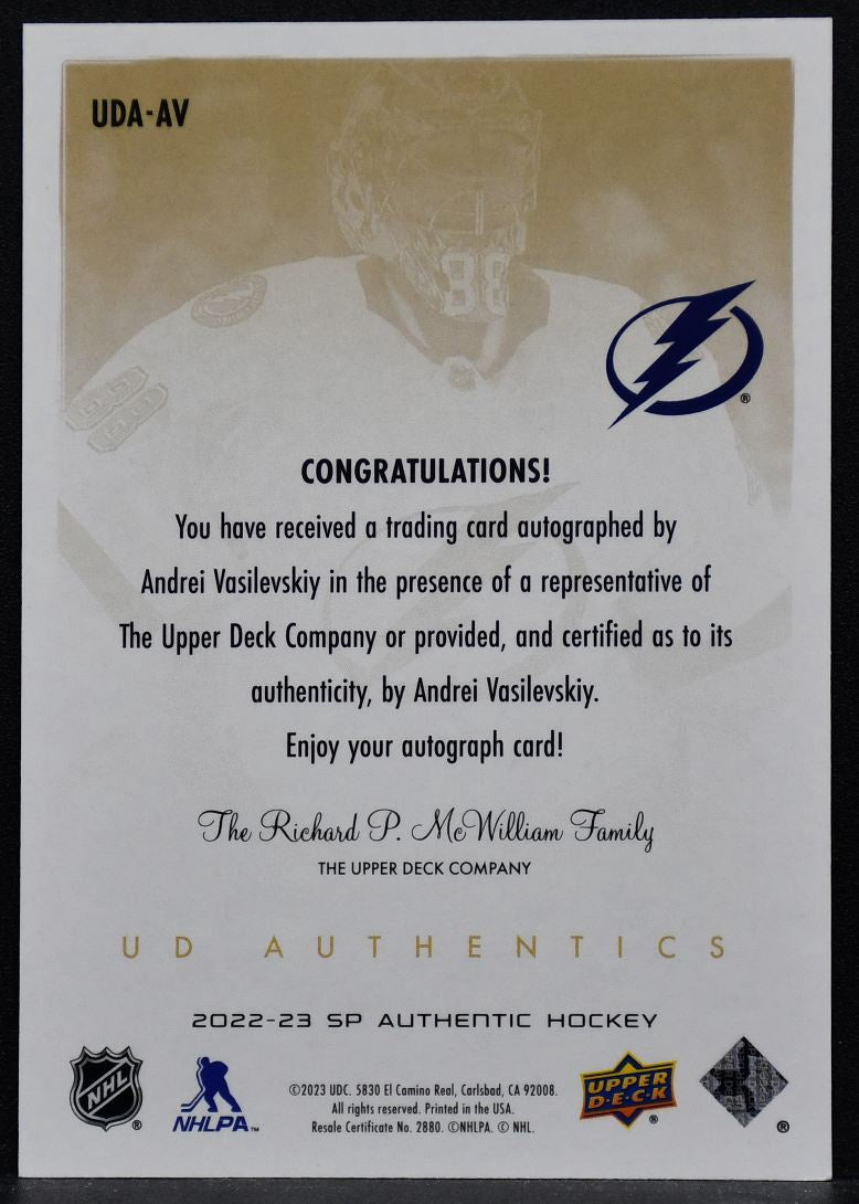 2022-23 SP Authentic UD Authentics Autographs Andrei Vasilevskiy UDA-AV Auto
