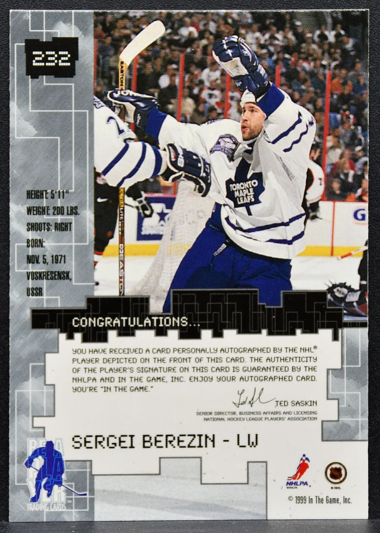 1999-100 ITG Millenium Signature Series Sergei Berezin 232 Maple Leafs Auto 8984