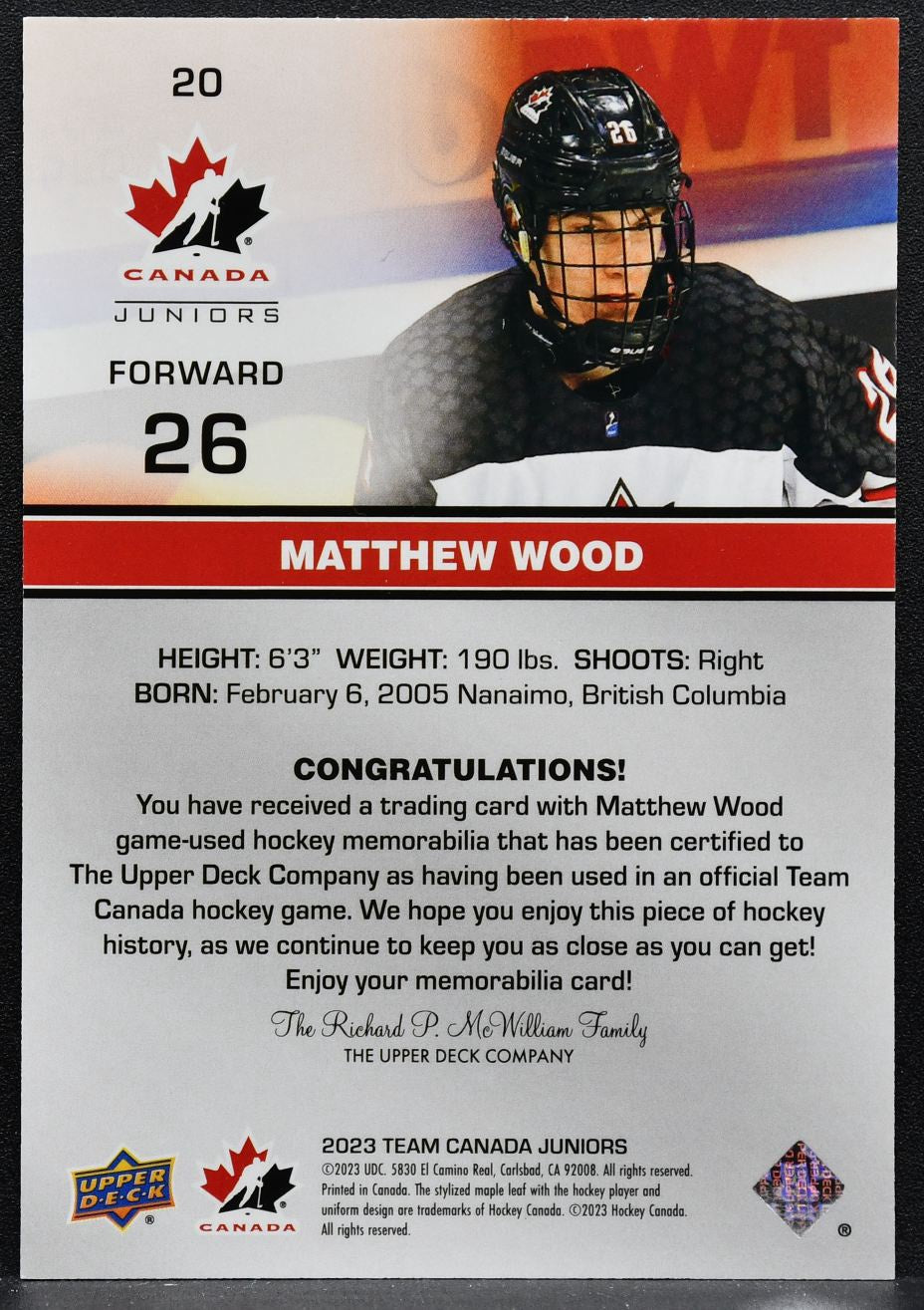 2023-24 Upper Deck Team Canada Juniors Jersey Matthew Wood 20 Canada Jersey 3581