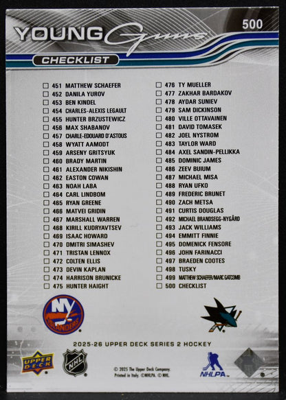 2025-26 UD Series 2 YG Checklist Misa / Schaefer Sharks / Islanders RC 4159
