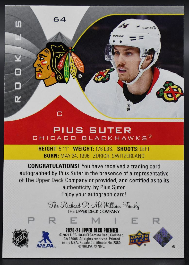 2020-21 UD Premier Pius Suter 64 Chicago Blackhawks RC Auto
