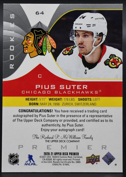 2020-21 UD Premier Pius Suter 64 Chicago Blackhawks RC Auto