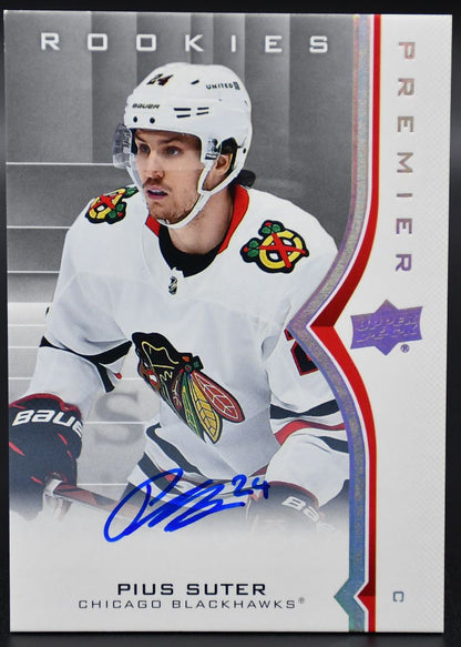 2020-21 UD Premier Pius Suter 64 Chicago Blackhawks RC Auto